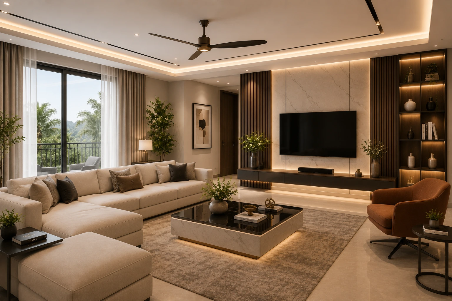 Living room interior with a custom TV unit designed by Neelachandra in Bengaluru